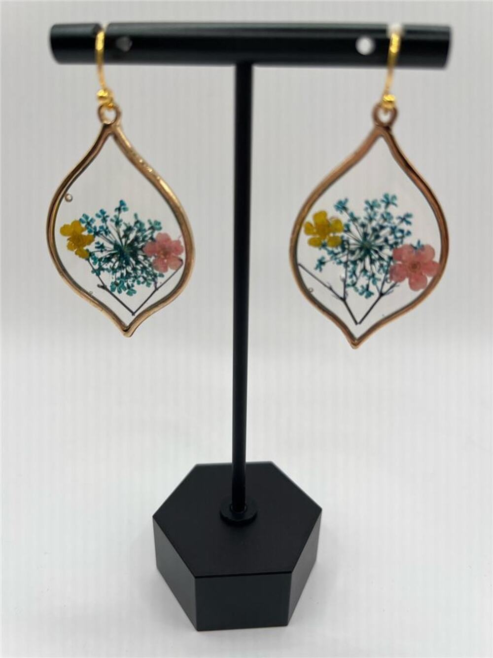 Yellow Pink Dried Flower Gold Marquise Earrings